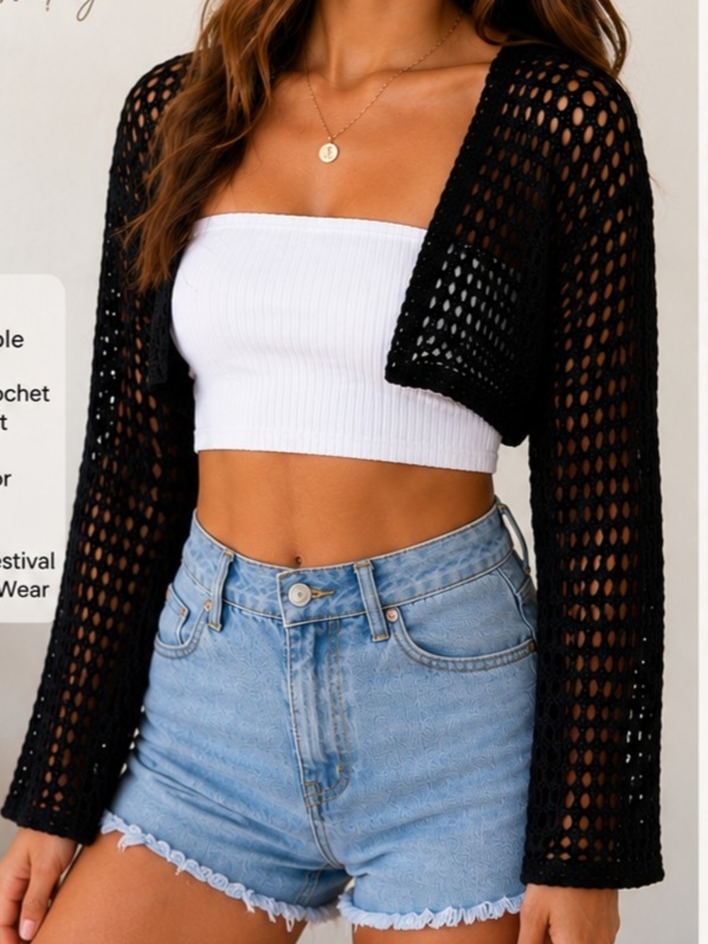ADORA Black Crochet Knit Shrug Bolero Open Front Long Sleeve Mesh Cardigan L